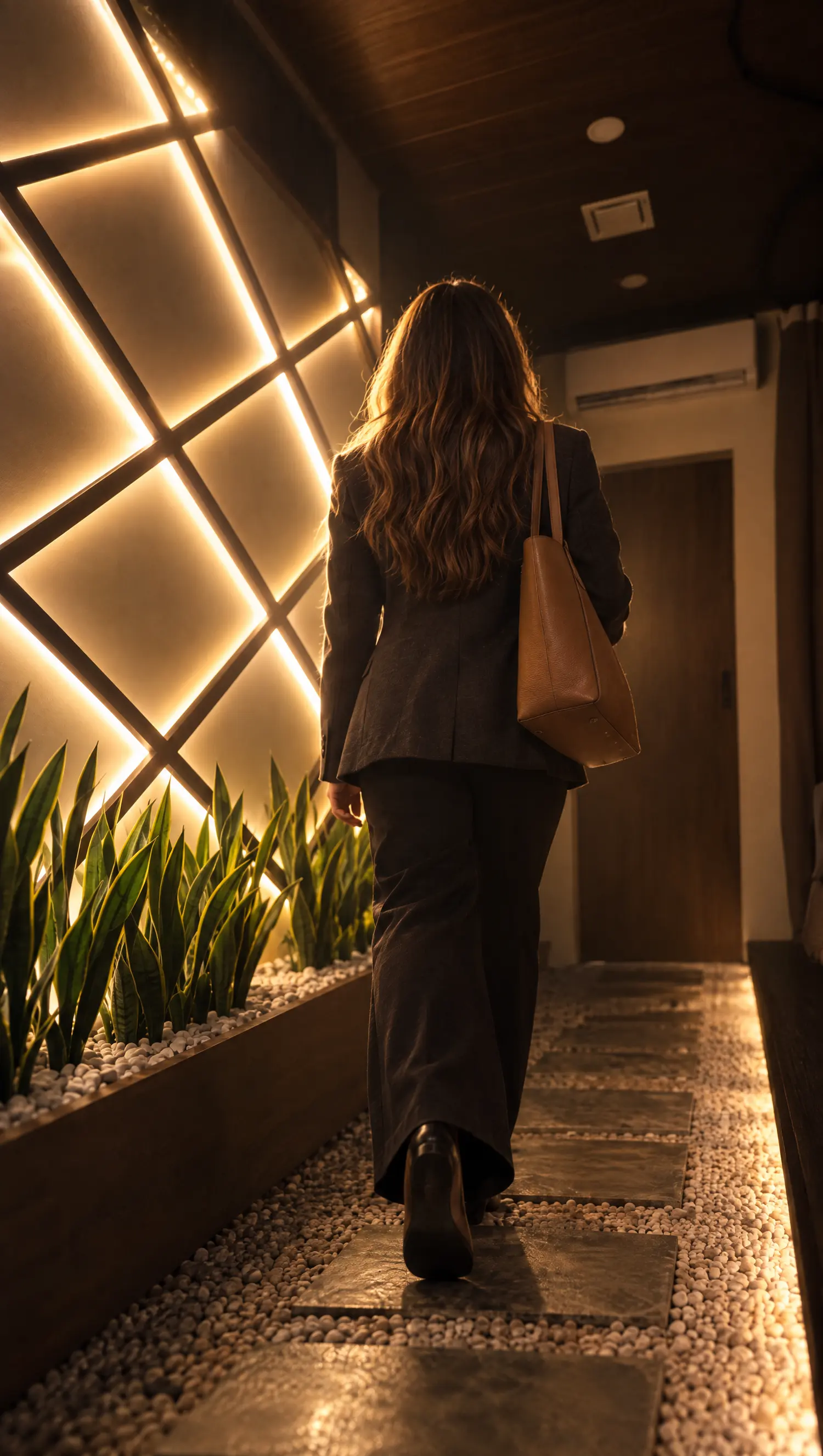 Guest walking down the lit lattice corridor