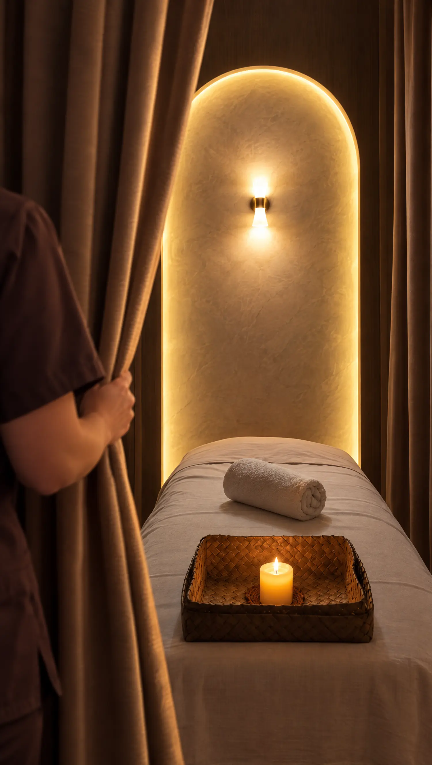 Therapist drawing a taupe curtain to a private room