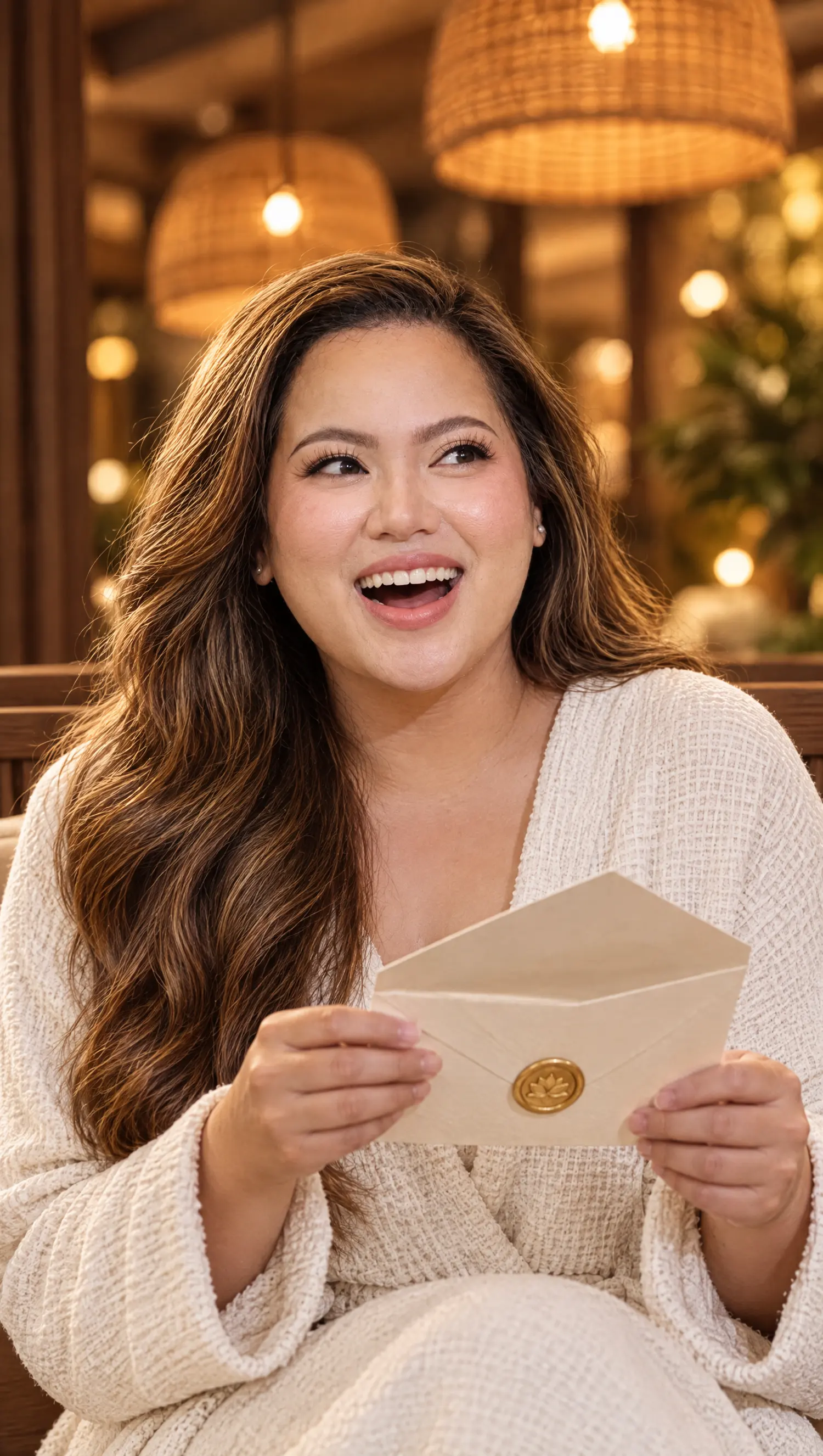 Guest laughing as she opens a cream envelope with a gold seal