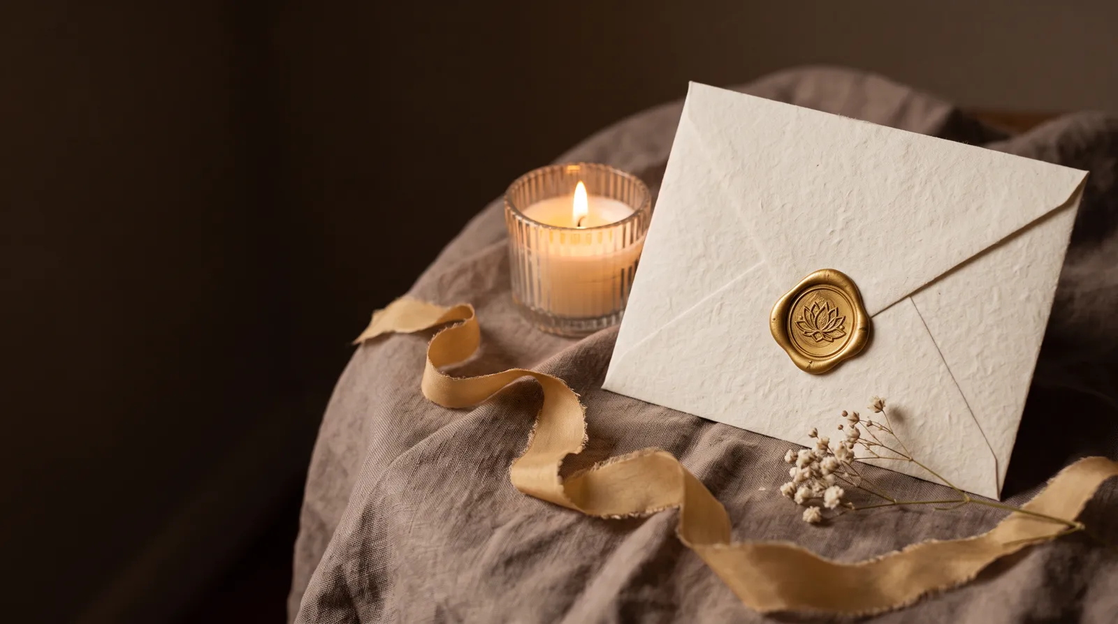 A cream gift envelope sealed with gold wax beside a candle and dried flowers